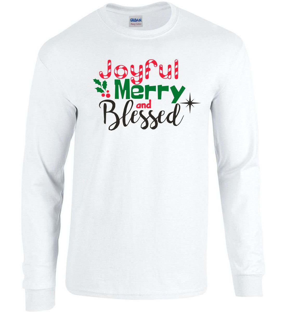White Long Sleeve Cotton T-Shirt (Joyful, Merry, Blessed)