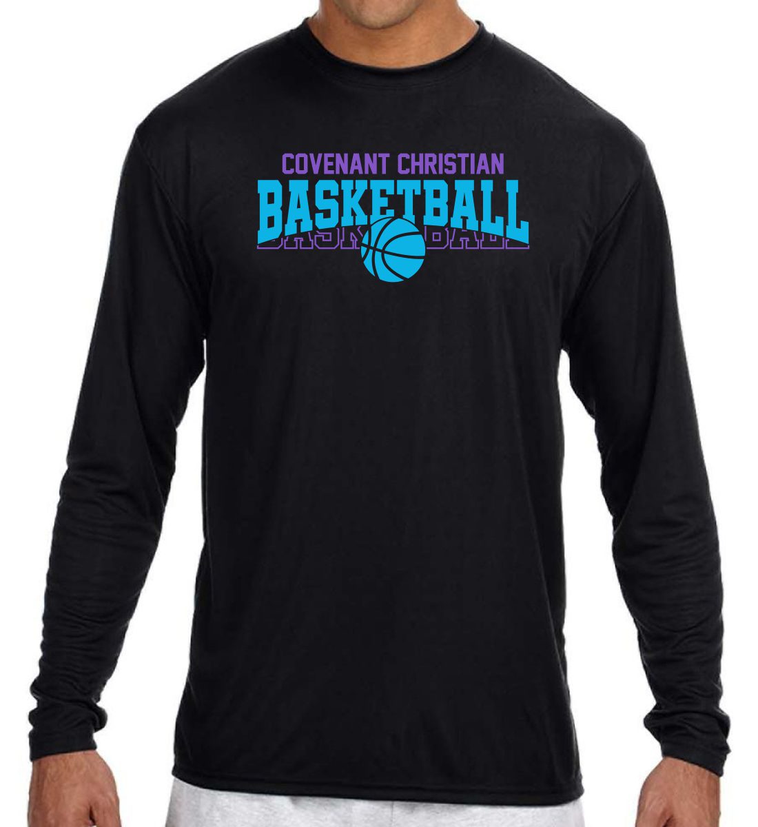 Black Long Sleeve Cooling Performance T-Shirt (Covenant Christian Basketball Design B)