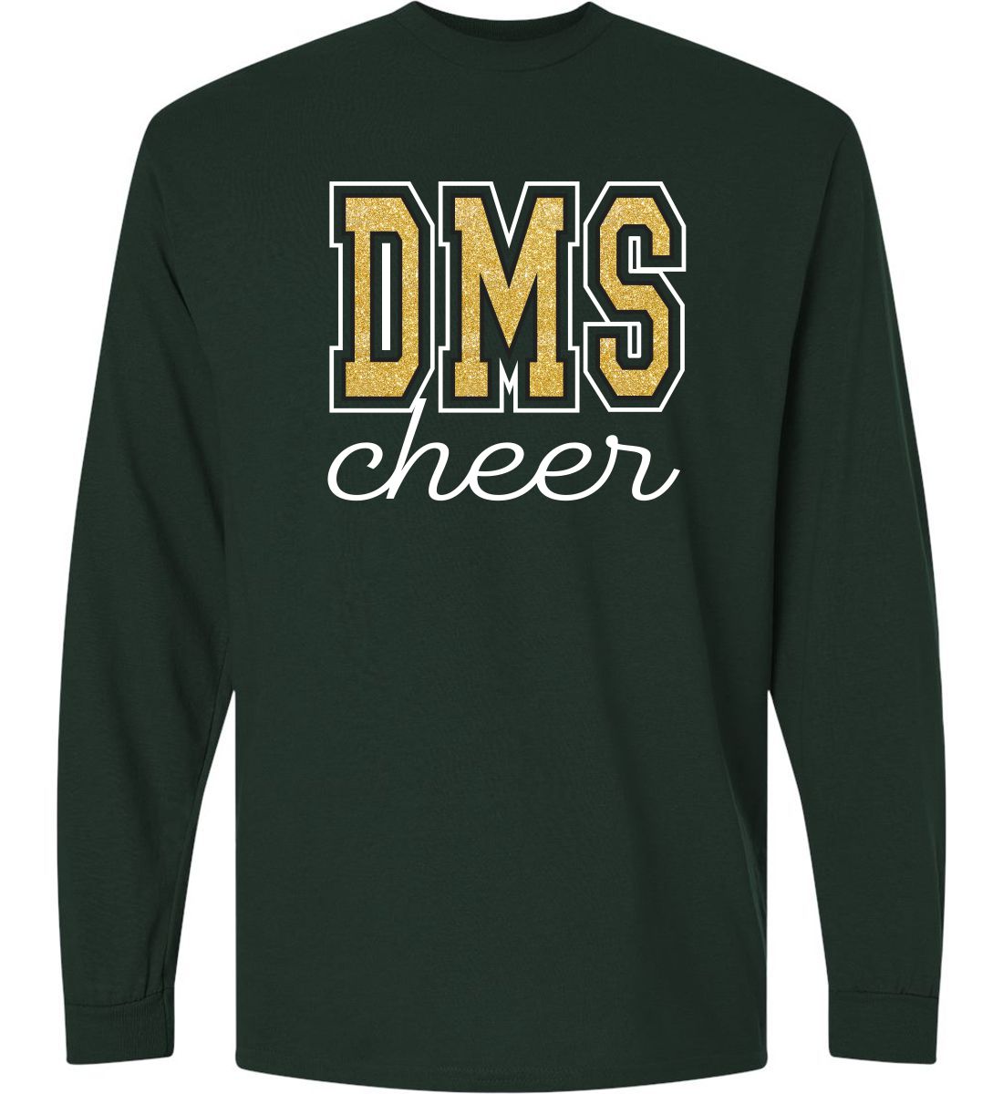 Forest Green with Glitter Ink Long Sleeve T-Shirt (Discovery Cheer Design B)