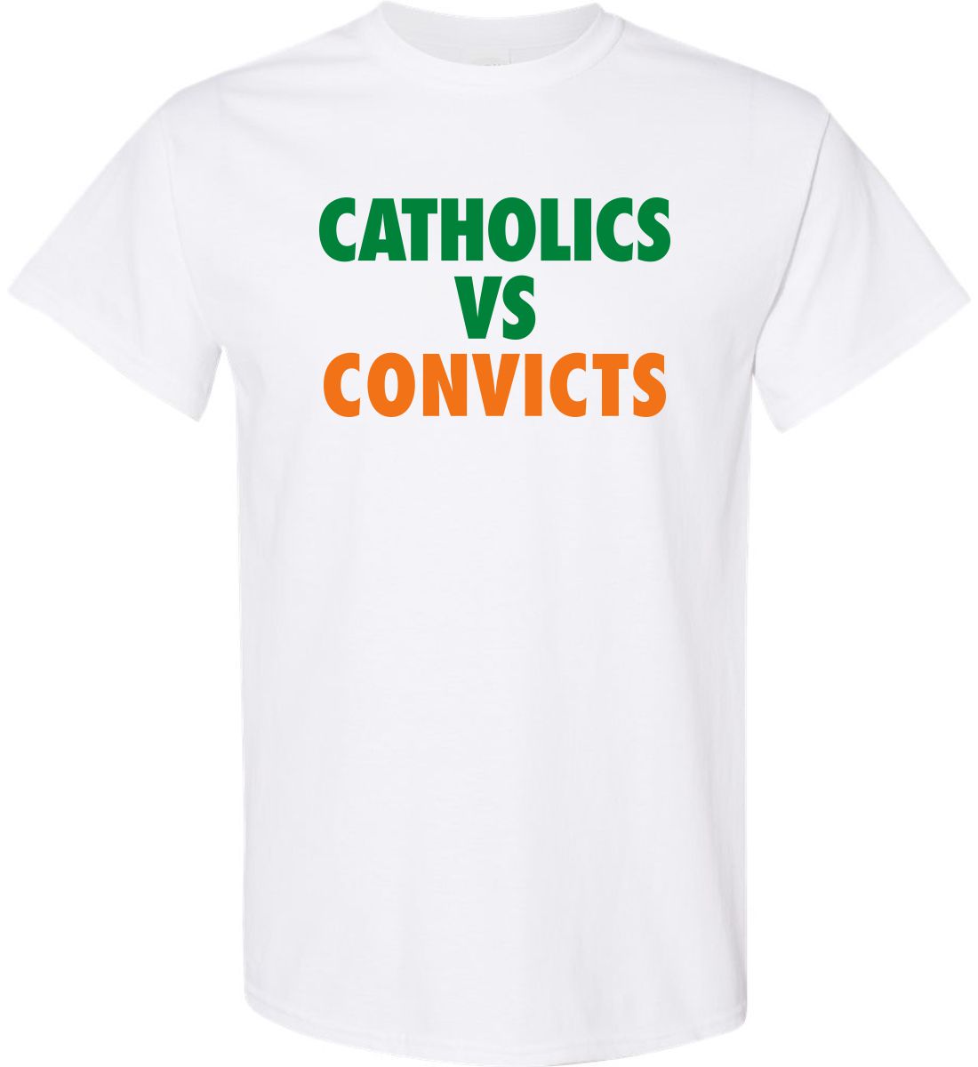 White Short Sleeve T-Shirt (Catholics vs Convicts)